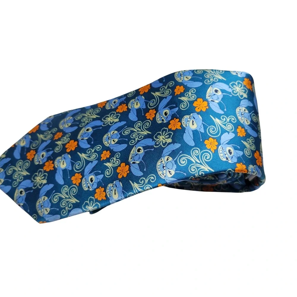 Disney Parks Stitch Lilo & Stitch Silk Necktie Teal Blue Floral Hibiscus Mens